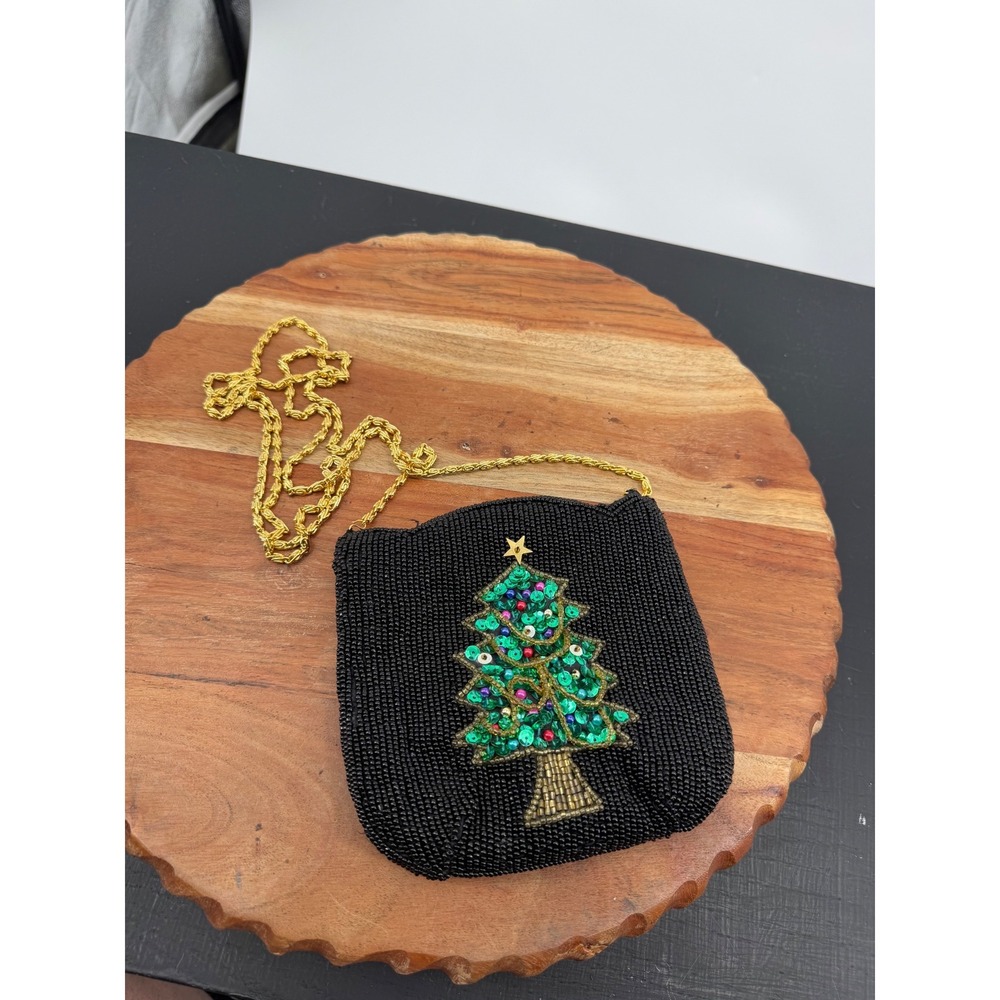 Unbranded Christmas Tree Beaded Crossbody Bag Womens Small Black Holiday Sequin